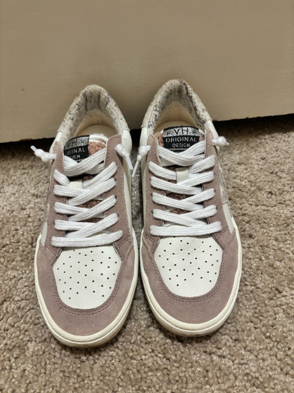 Vintage Havana White and Taupe Suede Low-Top Sneakers